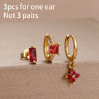 3PCS Unique Stainless Steel Earrings Set Rose Red Crystal Zircon