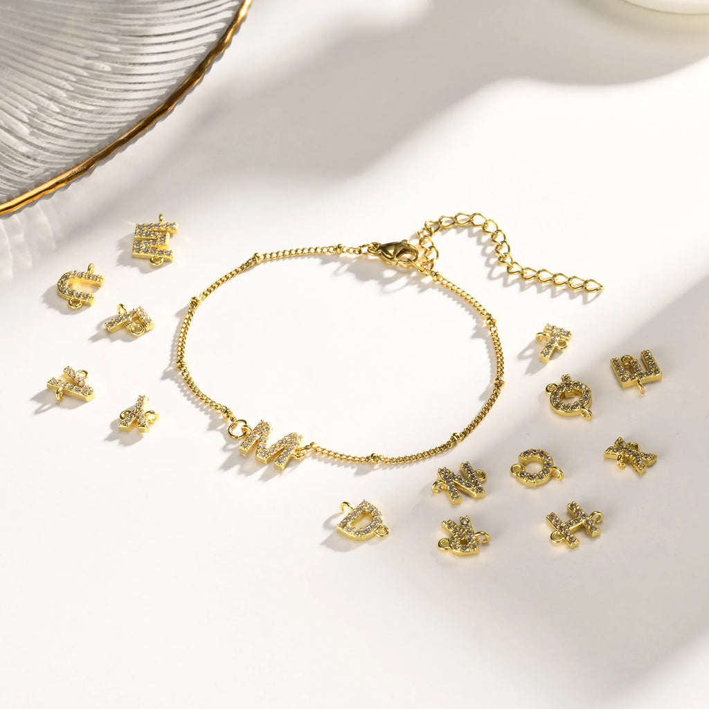 Charms Pave Initial Letter Bracelet, Paperclip Satellite Chain Stainless Steel Gold Plated, Handmade Jewelry for Women