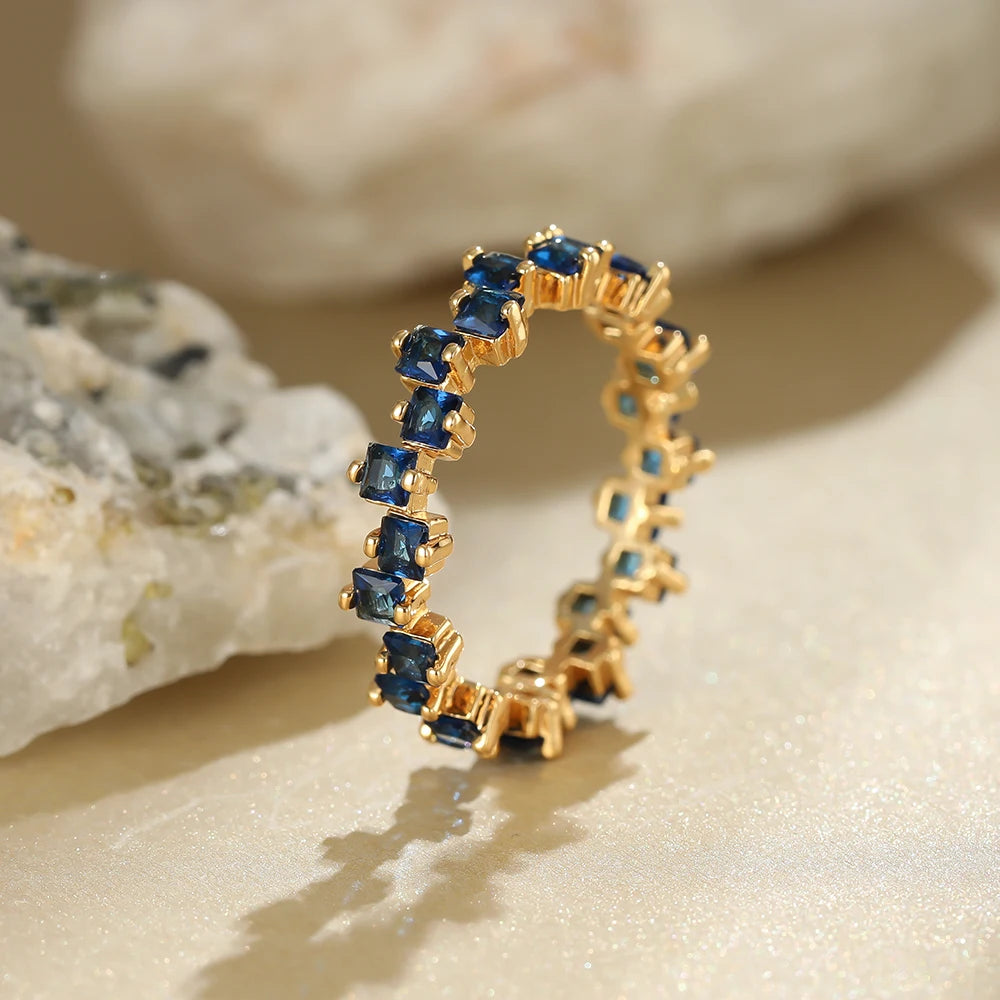 Irregular Square Zircon Engagement Ring Vintage Female Royal Blue Stone Thin Ring Antique Gold Color Wedding Rings For Women CZ
