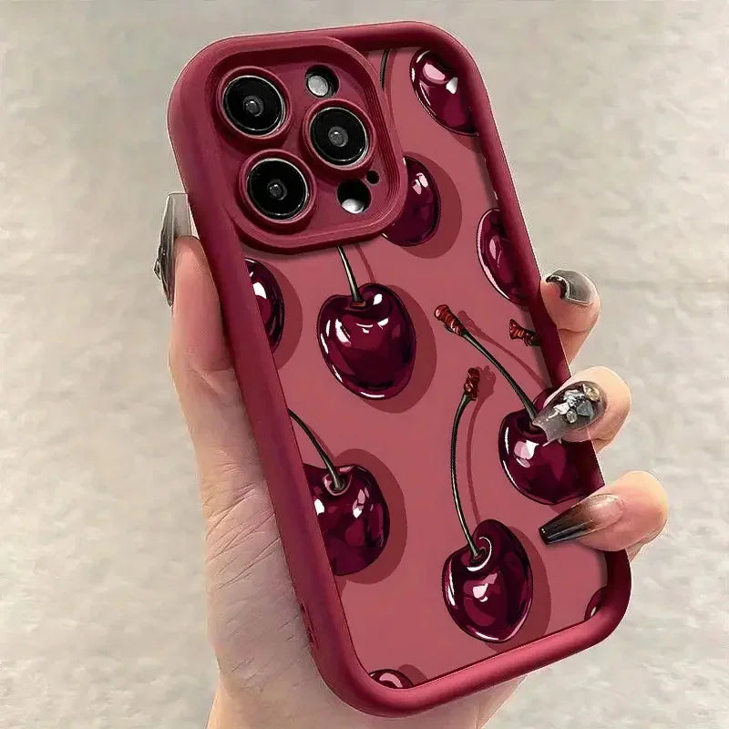 Luxury Wine Red Cherry Case for iPhone 16 15 17 14 13 12 11 Pro Max 7 8 Plus
