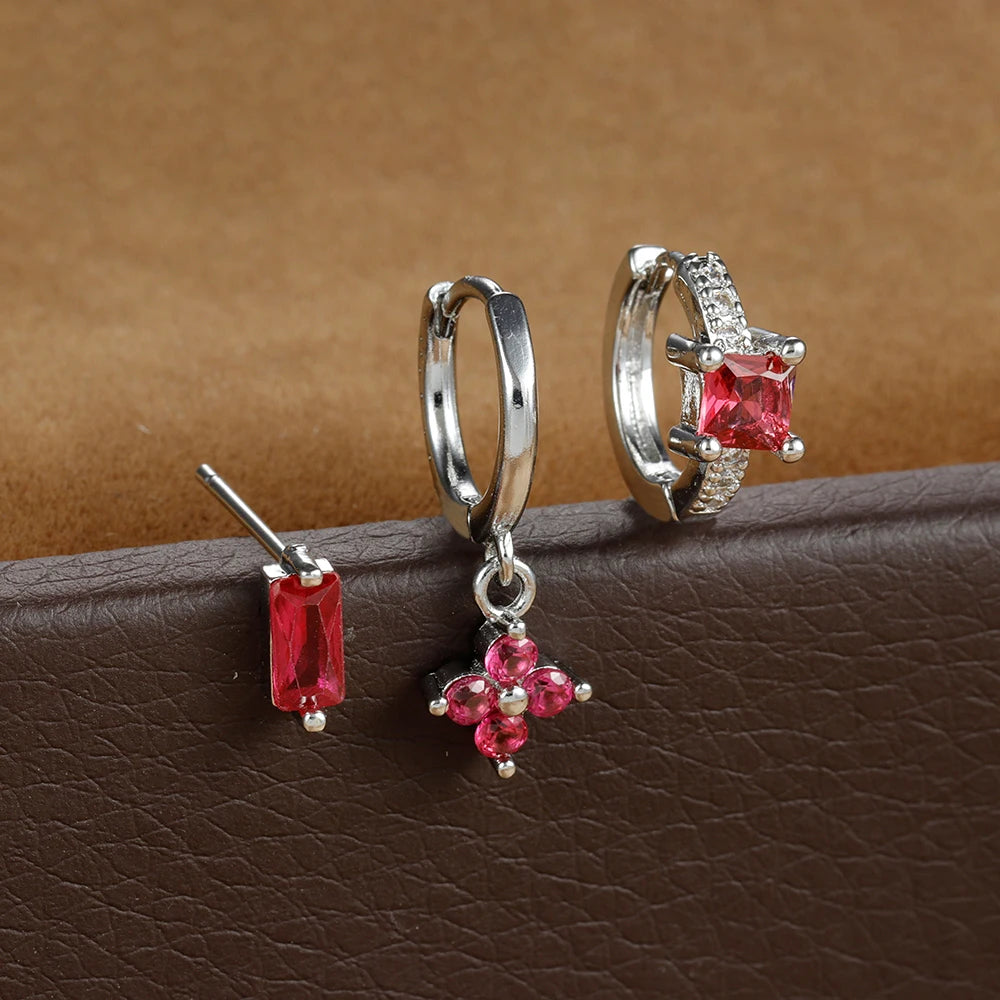 3PCS Stainless Steel Flower Crystal Zirconia Hoop Earrings Square