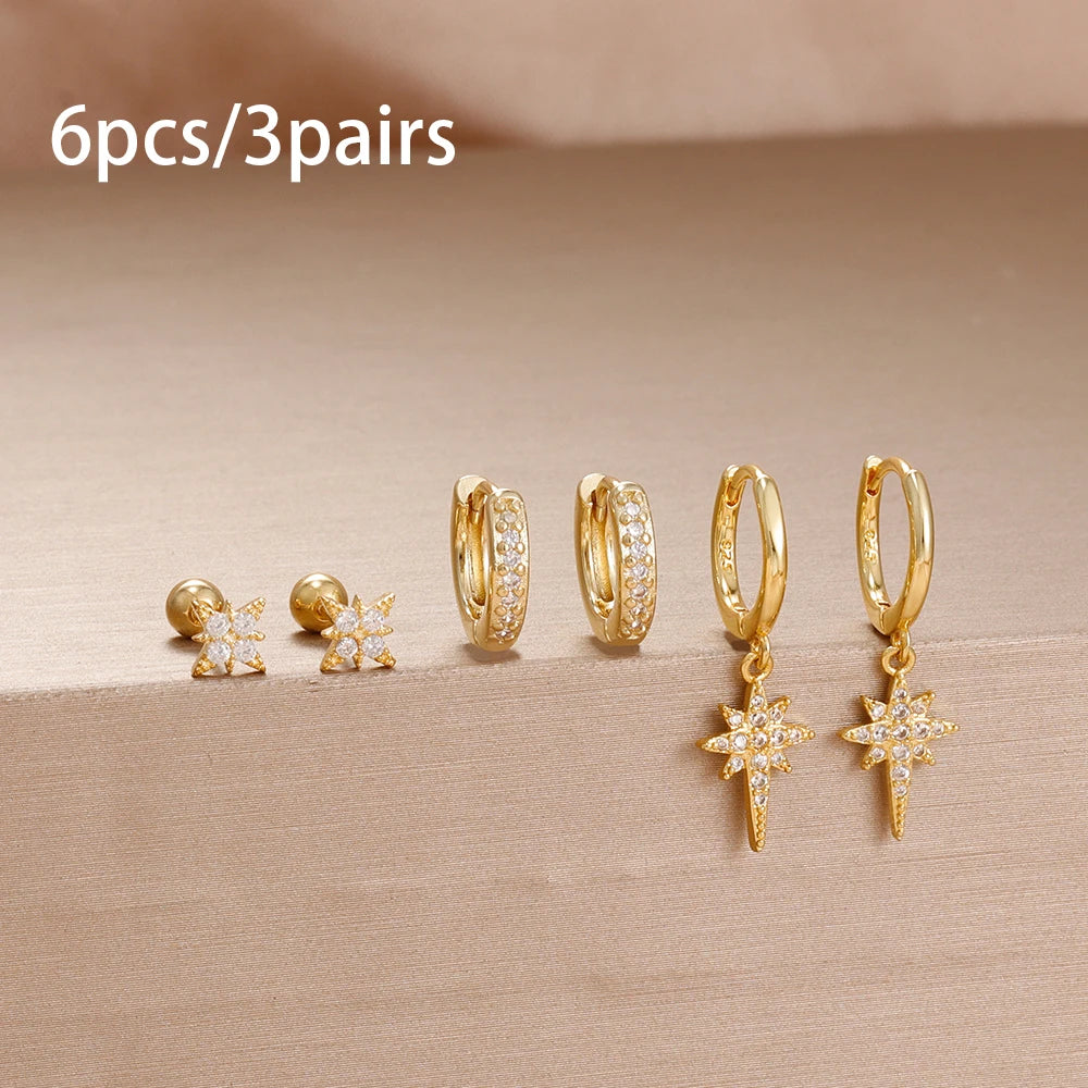 6PCS Exquisite Zircon Geometric Circle Earrings Set Gold Colour Steel
