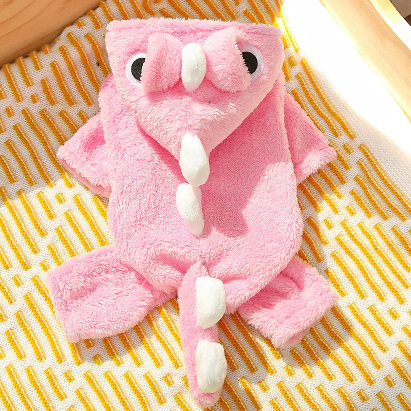Dinosaur Pet Jumpsuit 4-Leg Winter Clothes Plush Lining Puppy Kitten Outfit