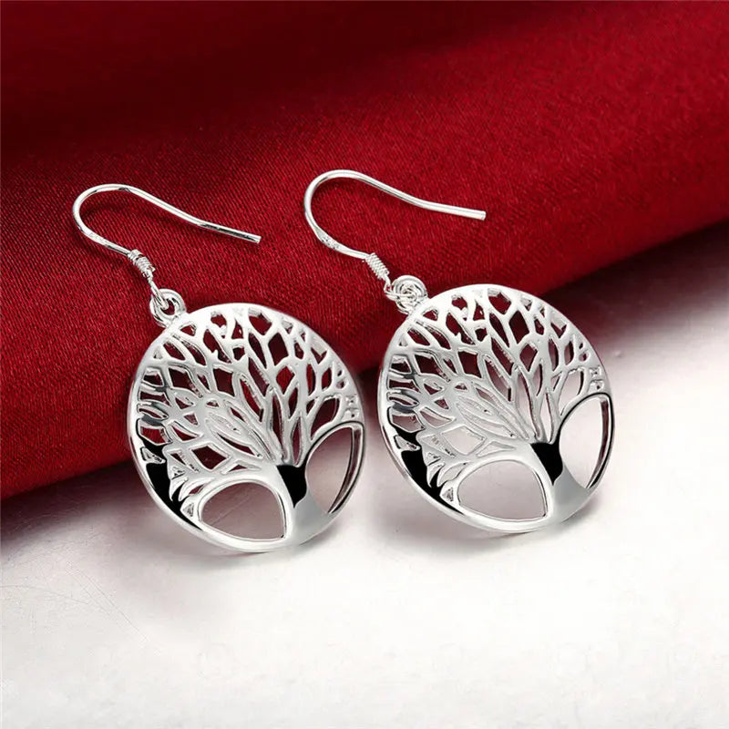 925 Sterling Silver 40mm Round Tree of Life Earrings Women Fashion Wedding