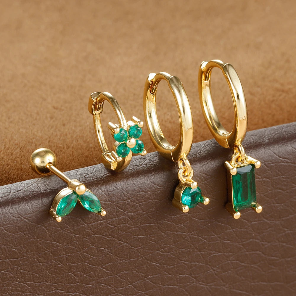 4PCS Green Crystal Zircon Stainless Steel Hoop Earrings Square Set
