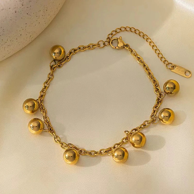 Metal Beads Heart Stainless Steel Bracelet Bangle Gold Colour Gift
