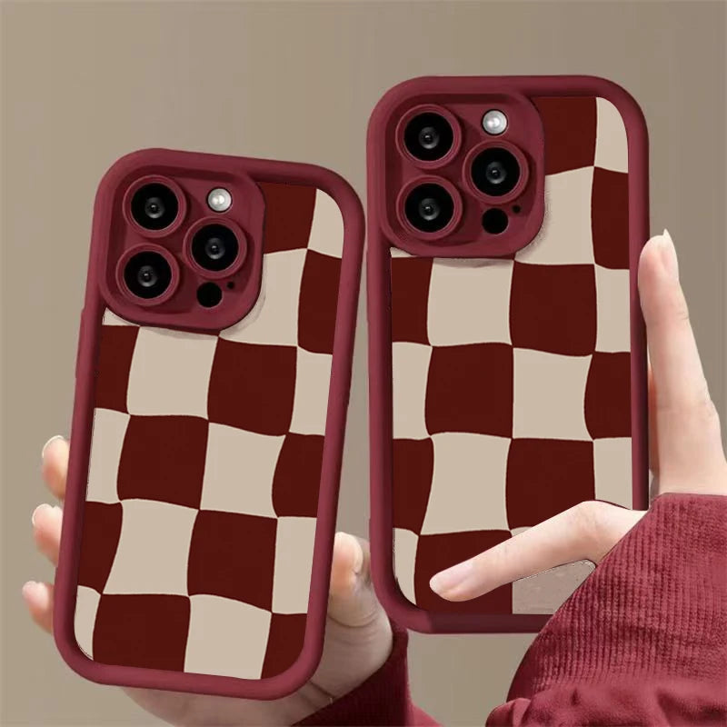 Wine Red Grid Pattern Case for iPhone 17 16 15 14 13 12 11 Pro Max Plus Air