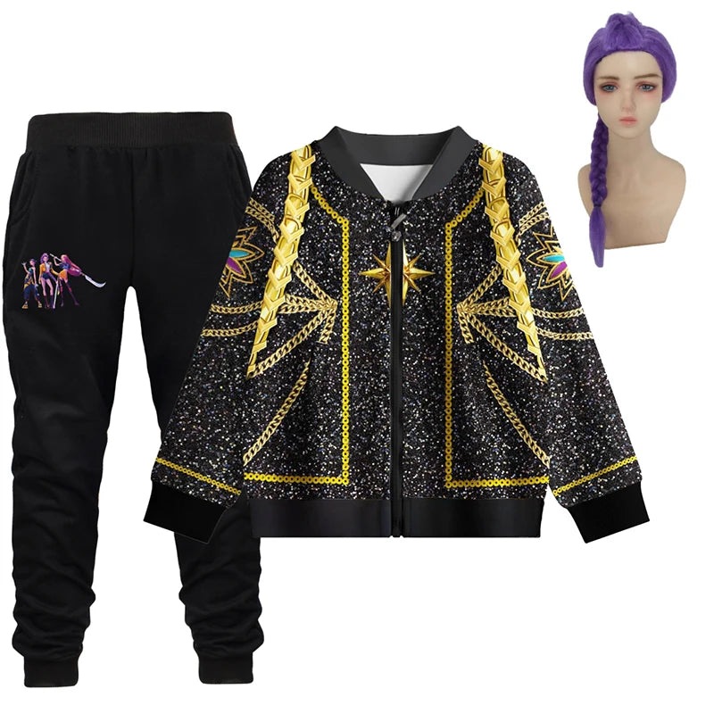 Girls Kpop Demon Hunters Rumi Cosplay Costume Coat & Pants 2PC Halloween Suit