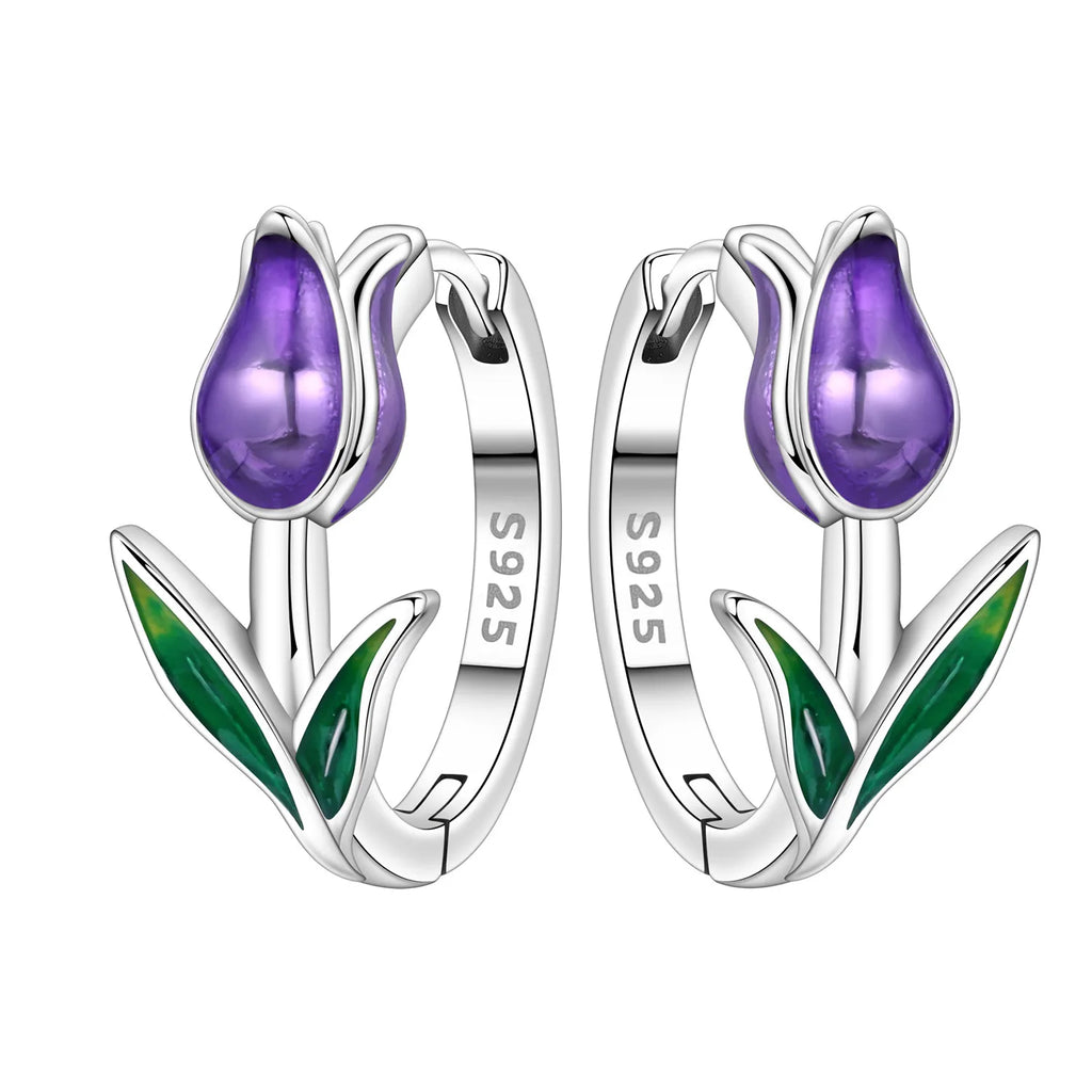 925 Sterling Silver Purple Flowers Versatile Hoop Earrings Fine Birthday Gift