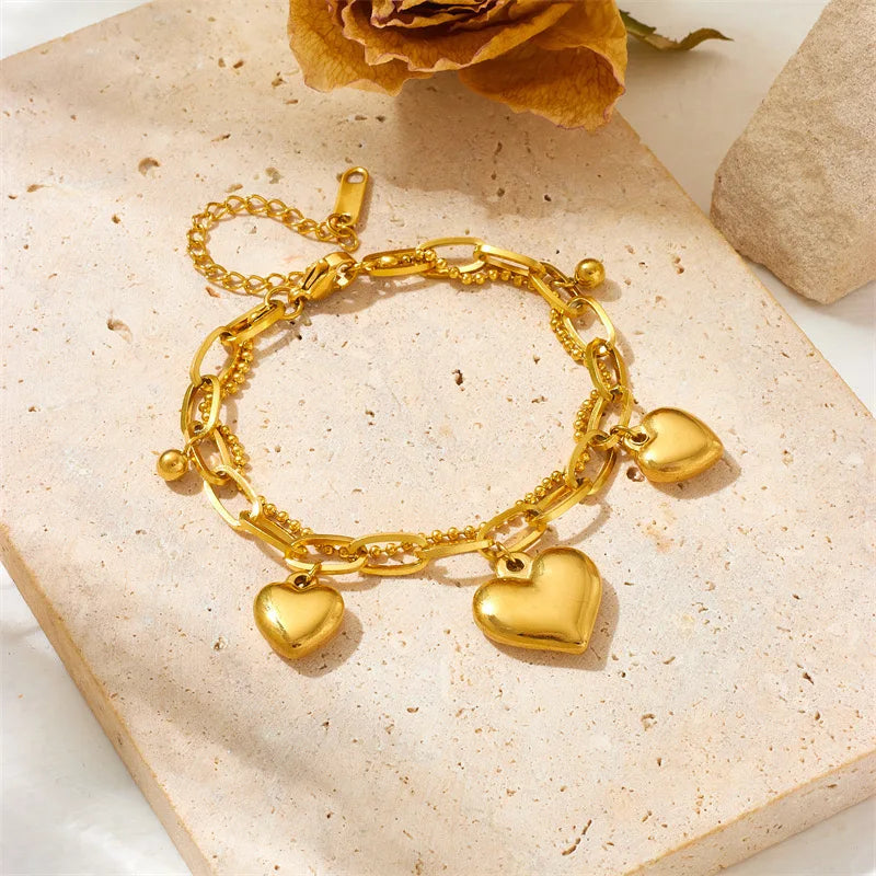 Stainless Steel Coins Heart Charm Bracelet Gold Silver Colour Wrist Chain