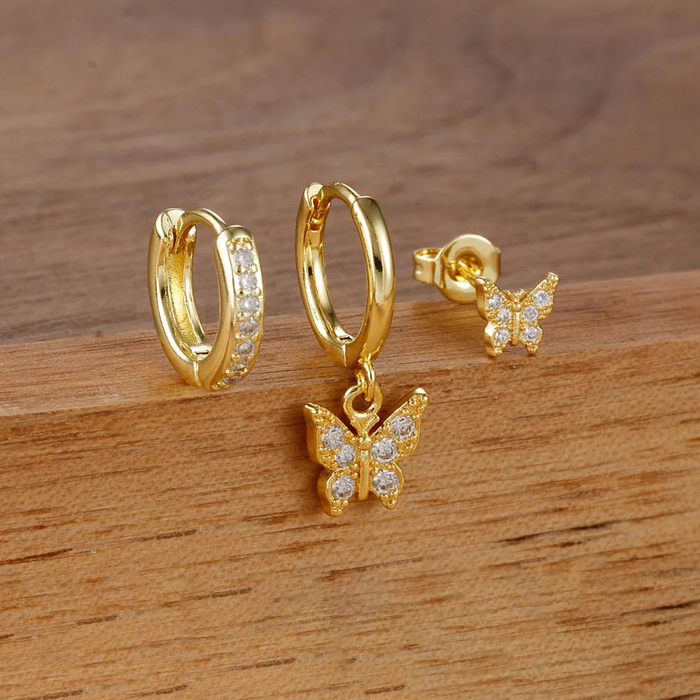 3PCS Elegant Butterfly CZ Charms Dangle Earrings Stainless Steel