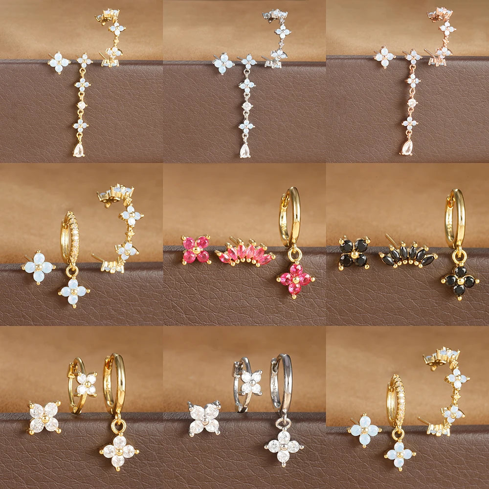 3PCS Zircon Flower Pendant Earring Sets Stainless Steel Cartilage