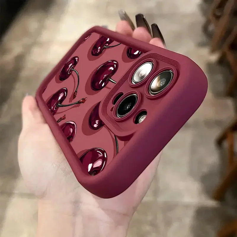 Luxury Wine Red Cherry Case for iPhone 16 15 17 14 13 12 11 Pro Max 7 8 Plus