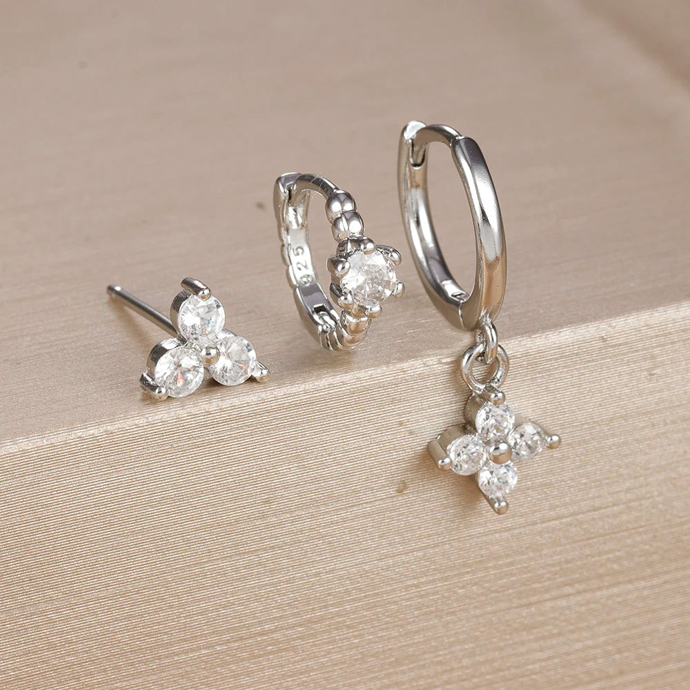 3PCS Gold Plated Chain Zircon Hanging Earrings Stainless Steel Flower