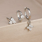 3PCS Gold Plated Chain Zircon Hanging Earrings Stainless Steel Flower
