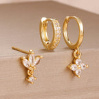 3PCS Fashion Orange Blue Zircon Hanging Earrings Stainless Steel Flower