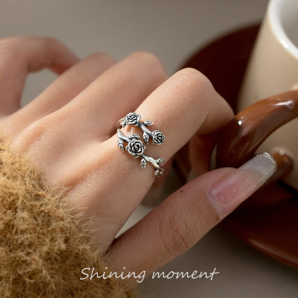 925 Sterling Silver Roses Branch Adjustable Ring Engagement Wedding Female Luxury Accessory