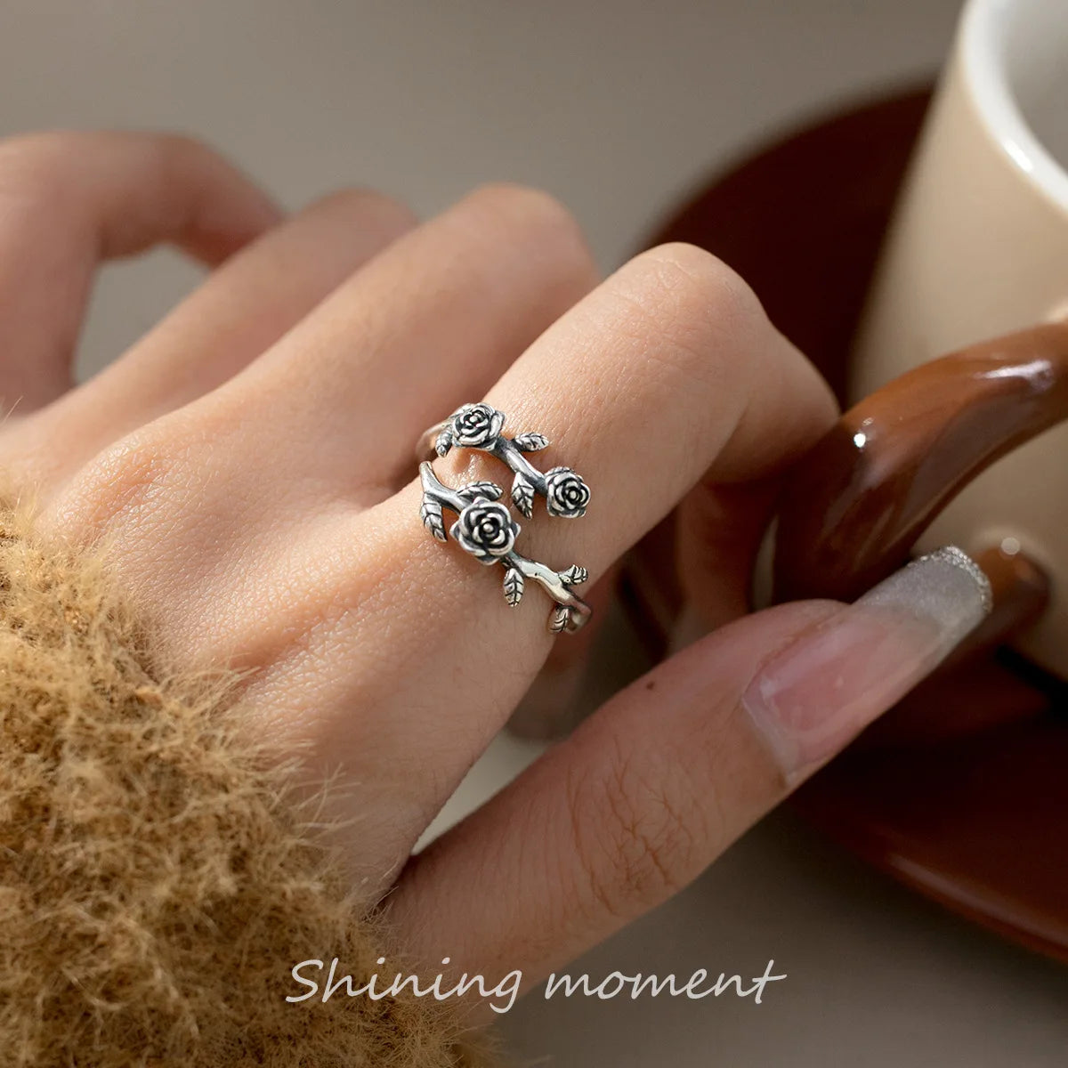 925 Sterling Silver Roses Branch Adjustable Ring Engagement Wedding Female Luxury Accessory