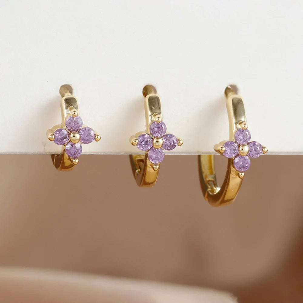 3PCS Simple Flower Zircon Hoop Earrings 18K Gold Plated Steel