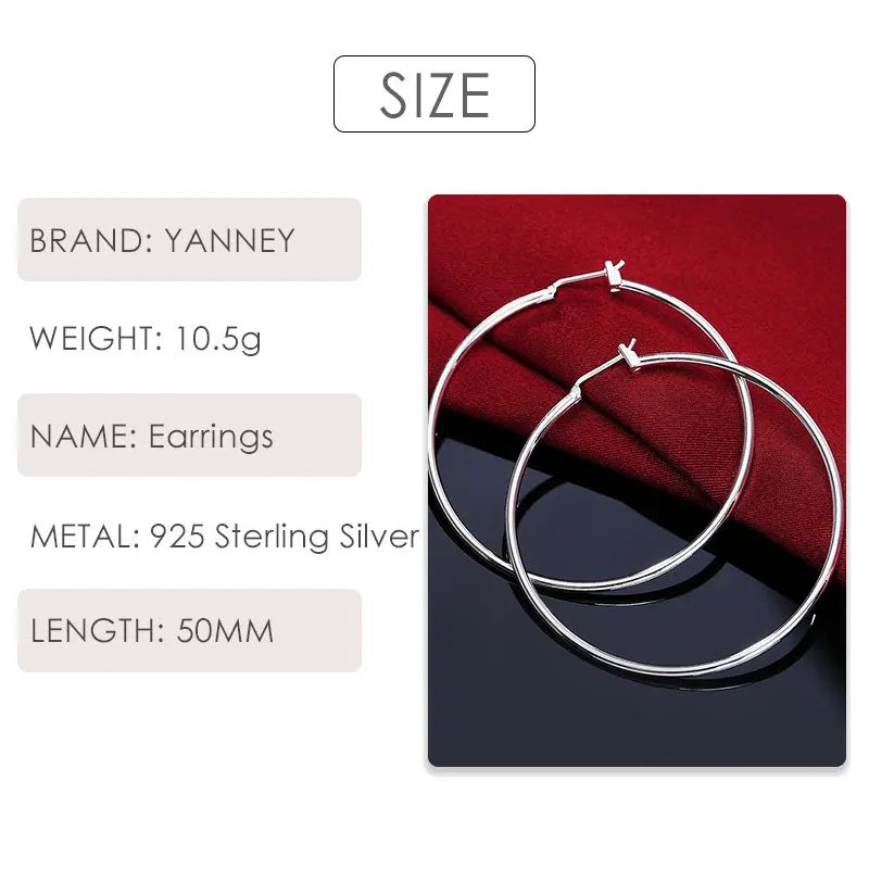925 Sterling Silver 50mm Simple Circle Earrings Women Engagement Hip Hop Gift