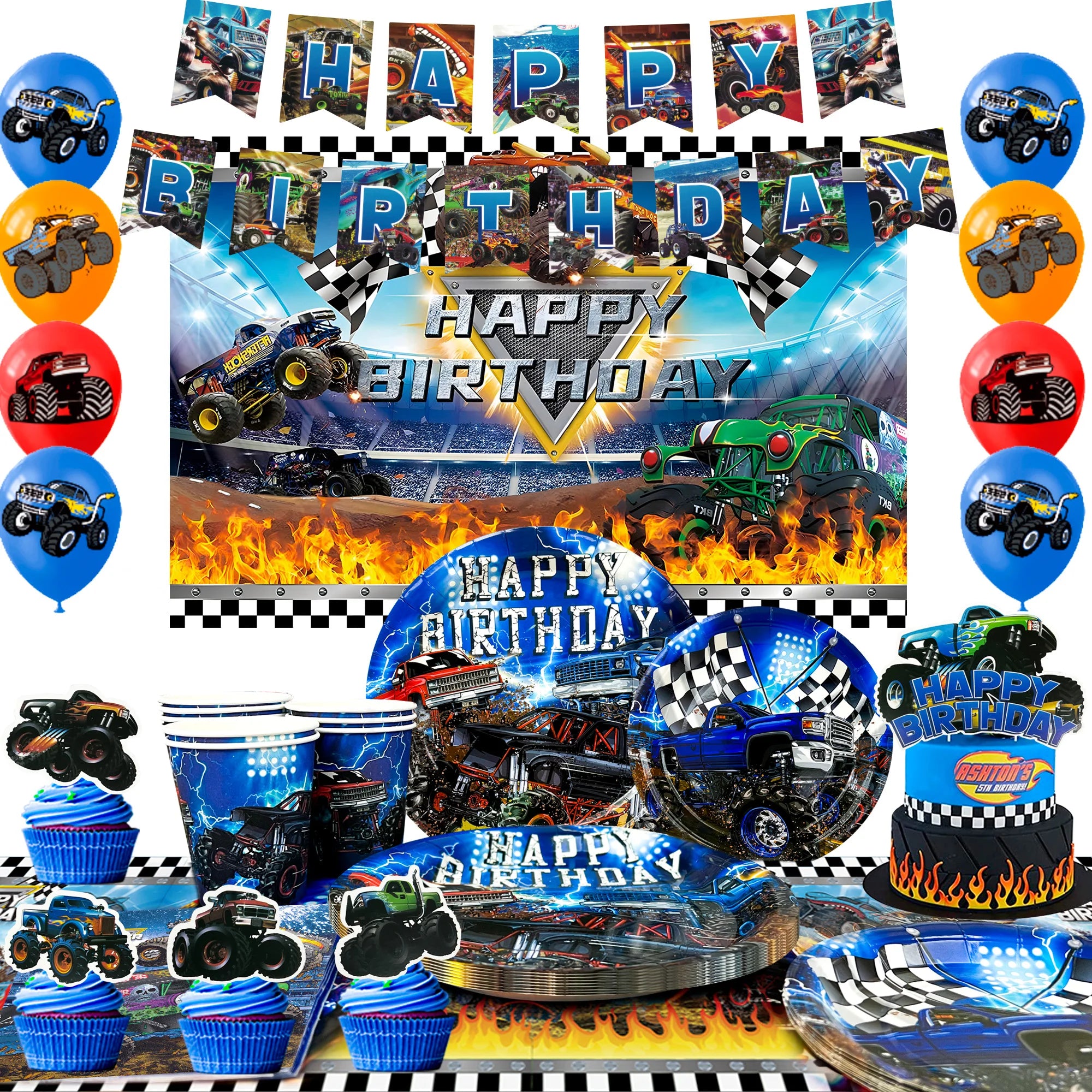 72pc Monster Truck Birthday Party Supplies Tableware Backdrop - Ship from UK