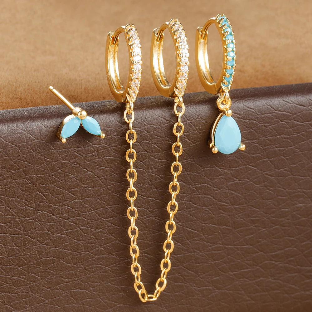 3PCS Stainless Steel Long Chain Two Hole Piercing Earrings Tassel