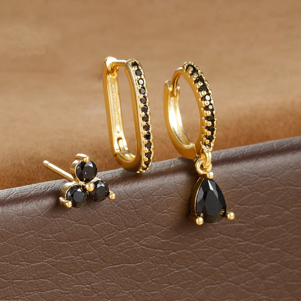 3PCS Water Drop Huggie Hoop Earrings Three-petal Flower Studs