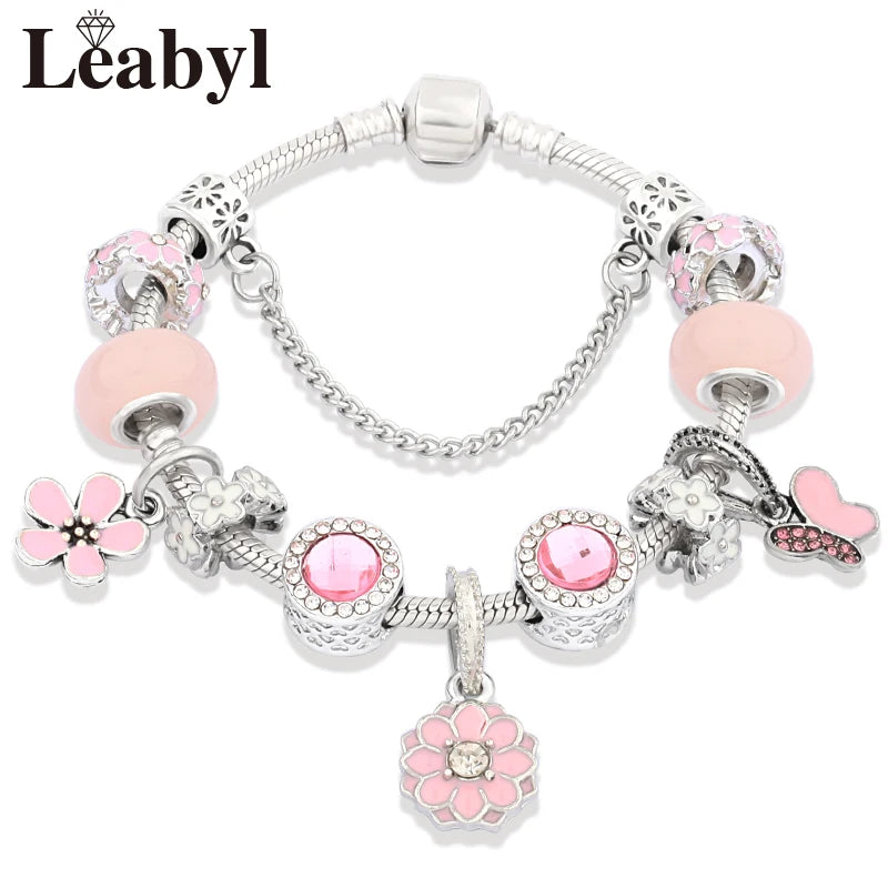 Romantic Pink Heart Charm Bracelet Fine Crystal DIY Bead Bangle Gift