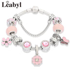 Romantic Pink Heart Charm Bracelet Fine Crystal DIY Bead Bangle Gift