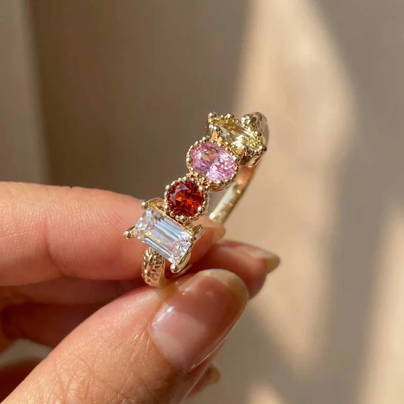 925 Sterling Silver Cubic Zirconia Wedding Party Ring Luxury Gold Colour Bright Trendy Jewellery