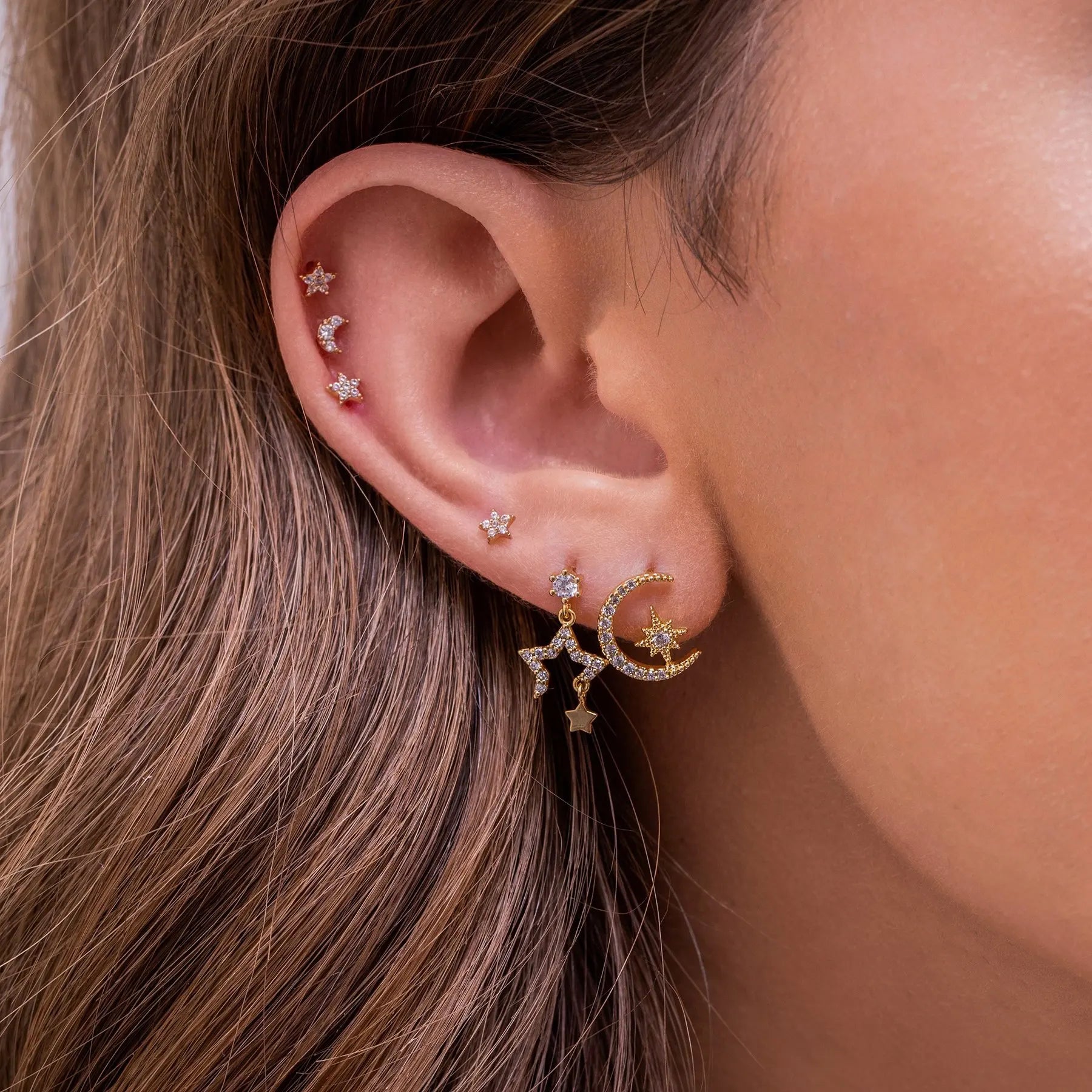 New Stainless Steel Cubic Zirconia Chain Hoop Earring Star Moon