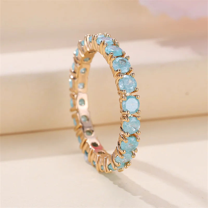 Stacking Single Row Stone Blue Green Pink Ice Flower Zircon Engagement Rings For Women Gold Color Round Wedding Bands Jewelry CZ