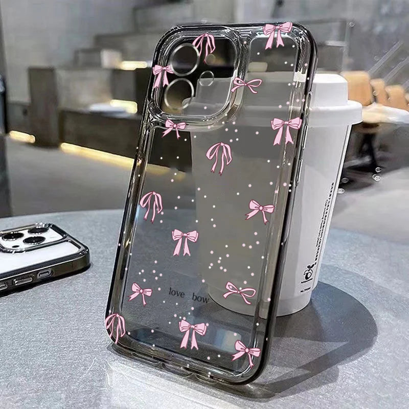 Cute Pink Bow Clear Case for iPhone 16 15 14 13 12 11 Pro Max XR XS 7 8 Plus