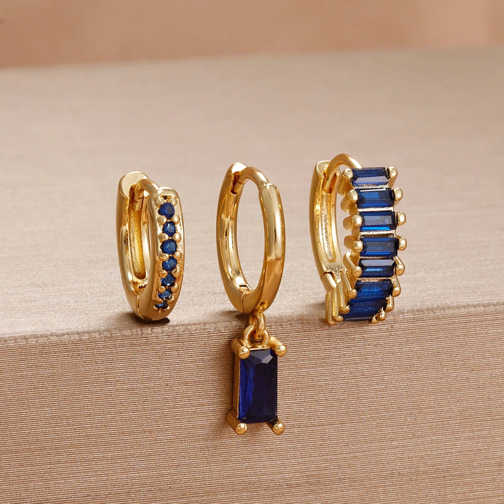 3PCS Cute Flower Stainless Steel Blue Zircons Small Hoop Earrings