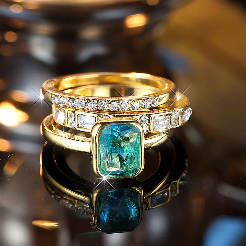 3pcs Aqua Blue Stone Square Triple Ring Set Antique Gold Color White Crystal Stacking Wedding Engagement Rings For Women Jewelry