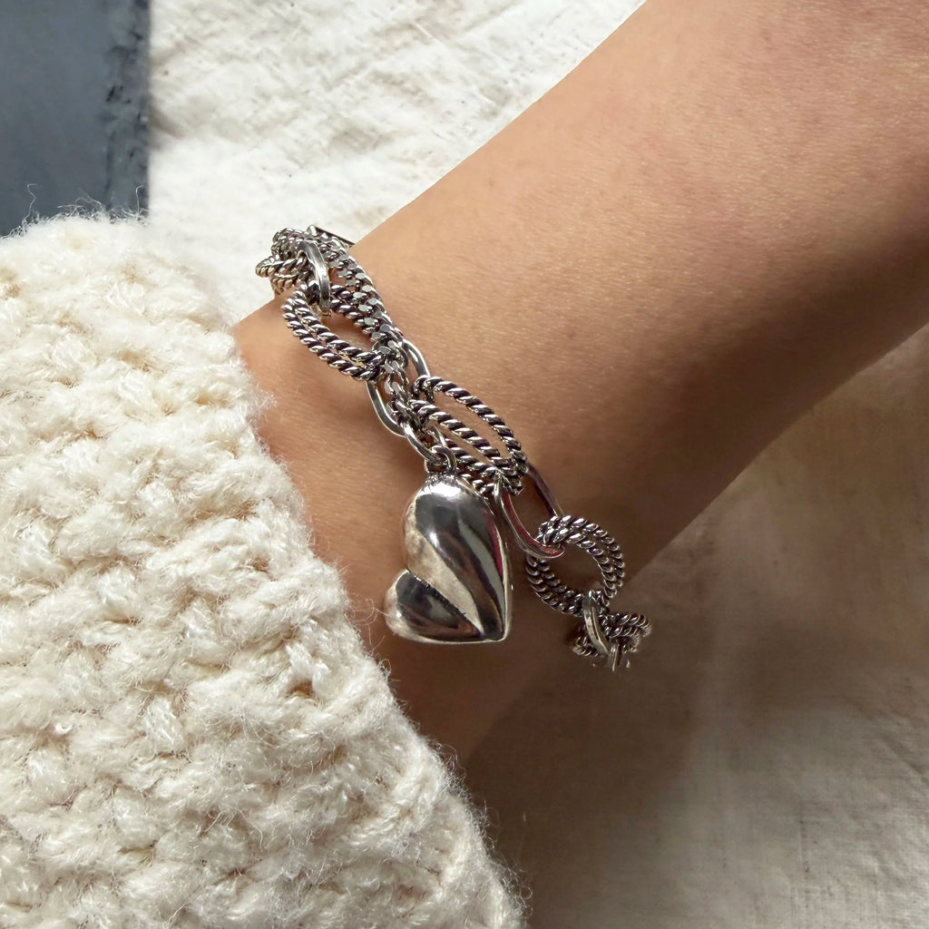 100% Solid 925 Sterling Silver Metal Bracelet for Women Men Vintage Heart Letters Handmade Simple Birthday Gift
