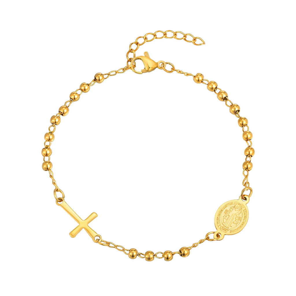 Stainless Steel Virgin Mary St Benedict Cross Bracelet, Bead Chain Bracelet Women Religious Jewelry