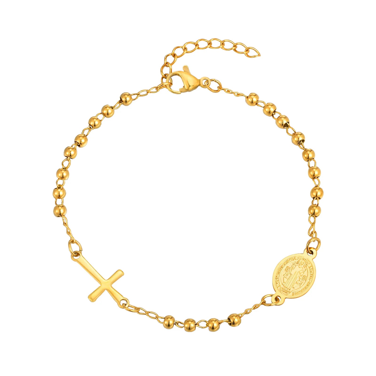 Stainless Steel Virgin Mary St Benedict Cross Bracelet, Bead Chain Bracelet Women Religious Jewelry