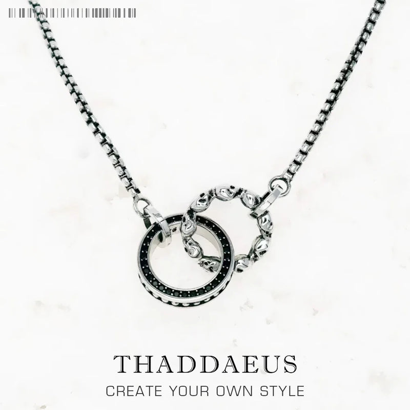 Skull Circle Black Stone Necklace 925 Sterling Silver Vintage Jewellery