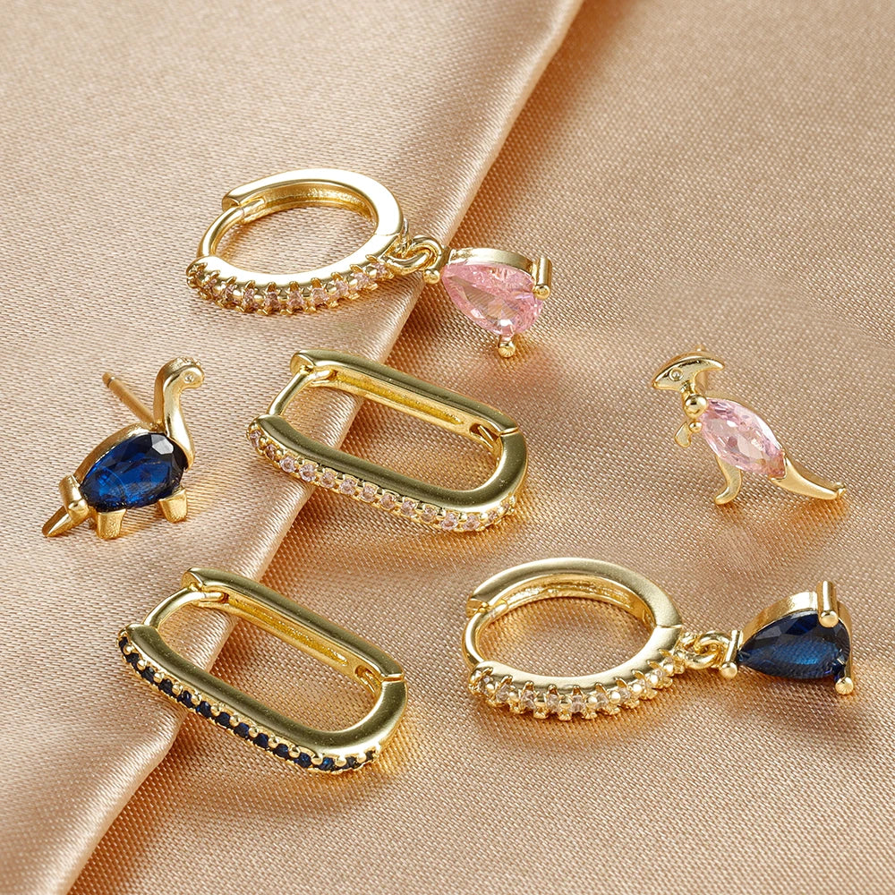 3PCS Waterdrop Shape Zircon Hoop Earrings Triangle Flower Studs
