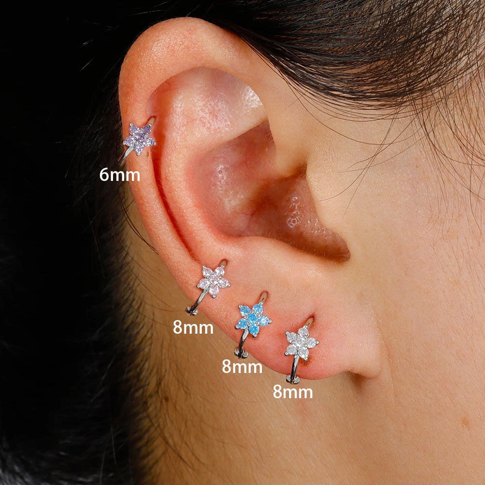2PCS Huggies Hoop Earrings Stainless Steel Crystal Zirconia Flower