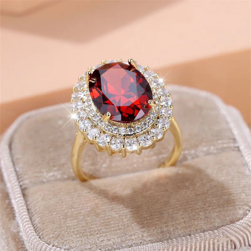 Female Luxury Big Red Stone Oval Wedding Bands Antique Gold Color Vintage Zircon Adjustable Engagement Cocktail Ring Jewelry CZ