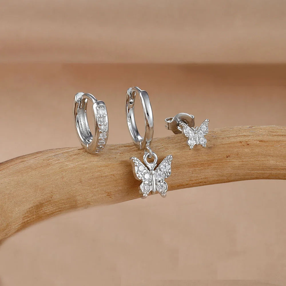 3PCS Elegant Butterfly CZ Charms Dangle Earrings Stainless Steel