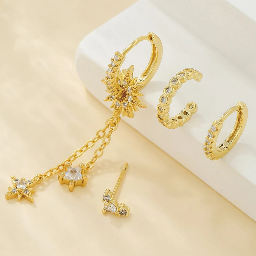 Vintage Stainless Steel Zirconia Sun Star Dangle Earrings Punk Rock