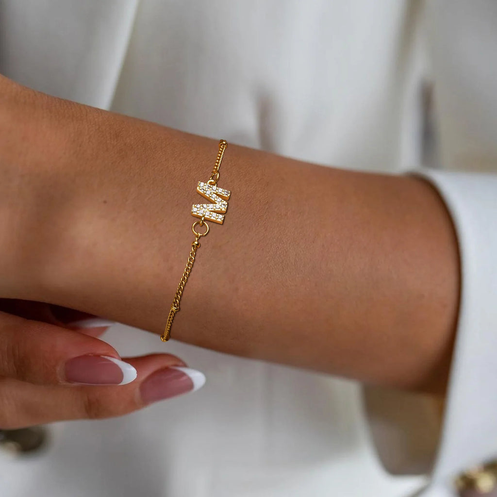 Charms Pave Initial Letter Bracelet, Paperclip Satellite Chain Stainless Steel Gold Plated, Handmade Jewelry for Women