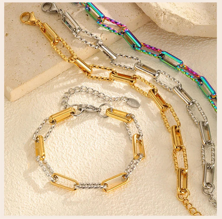 Two Tone Twist Link Paperclip Bracelet for Women, Chunky Stainless Steel Bracelet Adjustable Link, 18k Gold Plated Jewelry