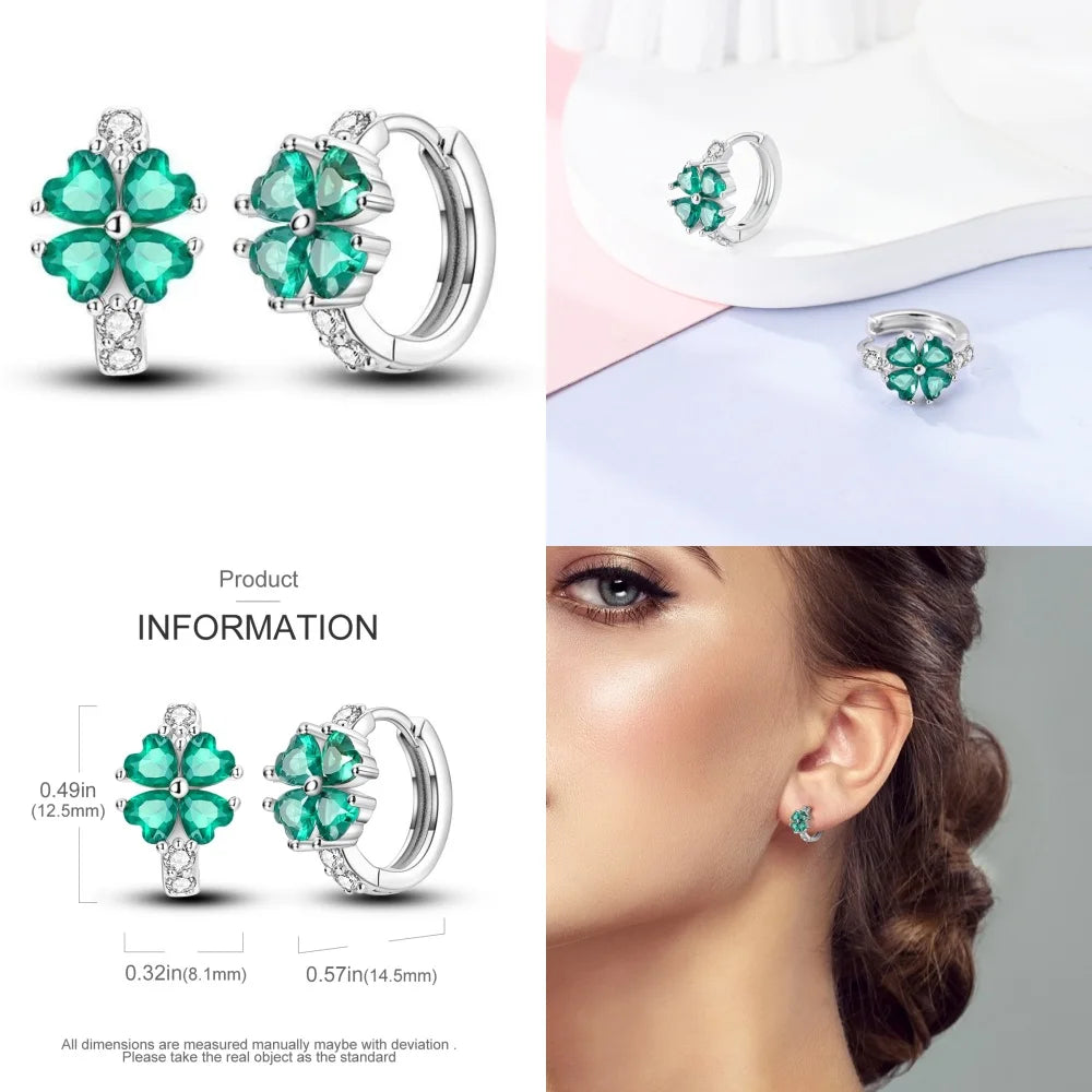 925 Sterling Silver Animal Plant Green Zircon Circle Hoop Earrings Jewellery