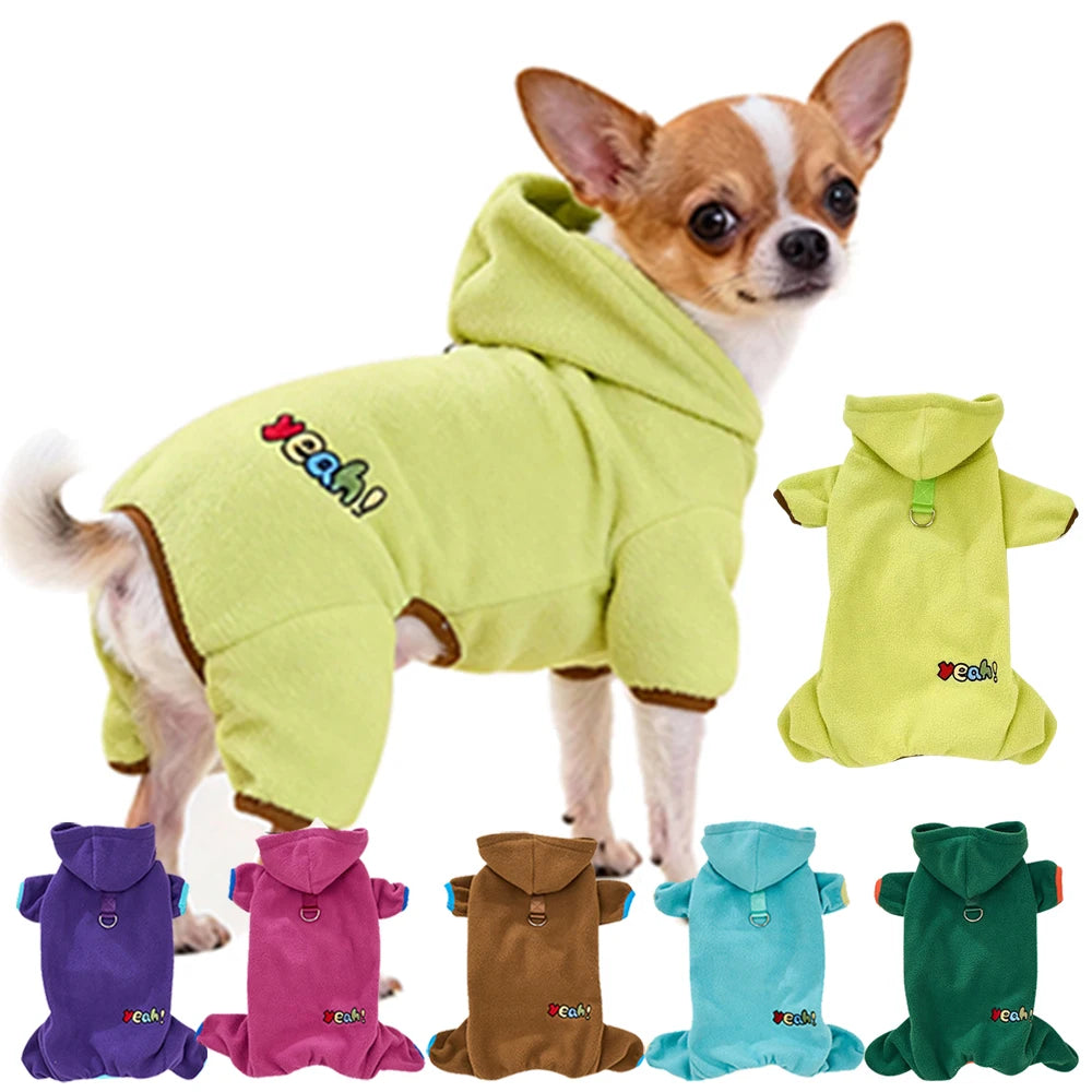 Winter Fleece Dog Jumpsuit Hoodie Warm Puppy Coat with D-Ring Outfit