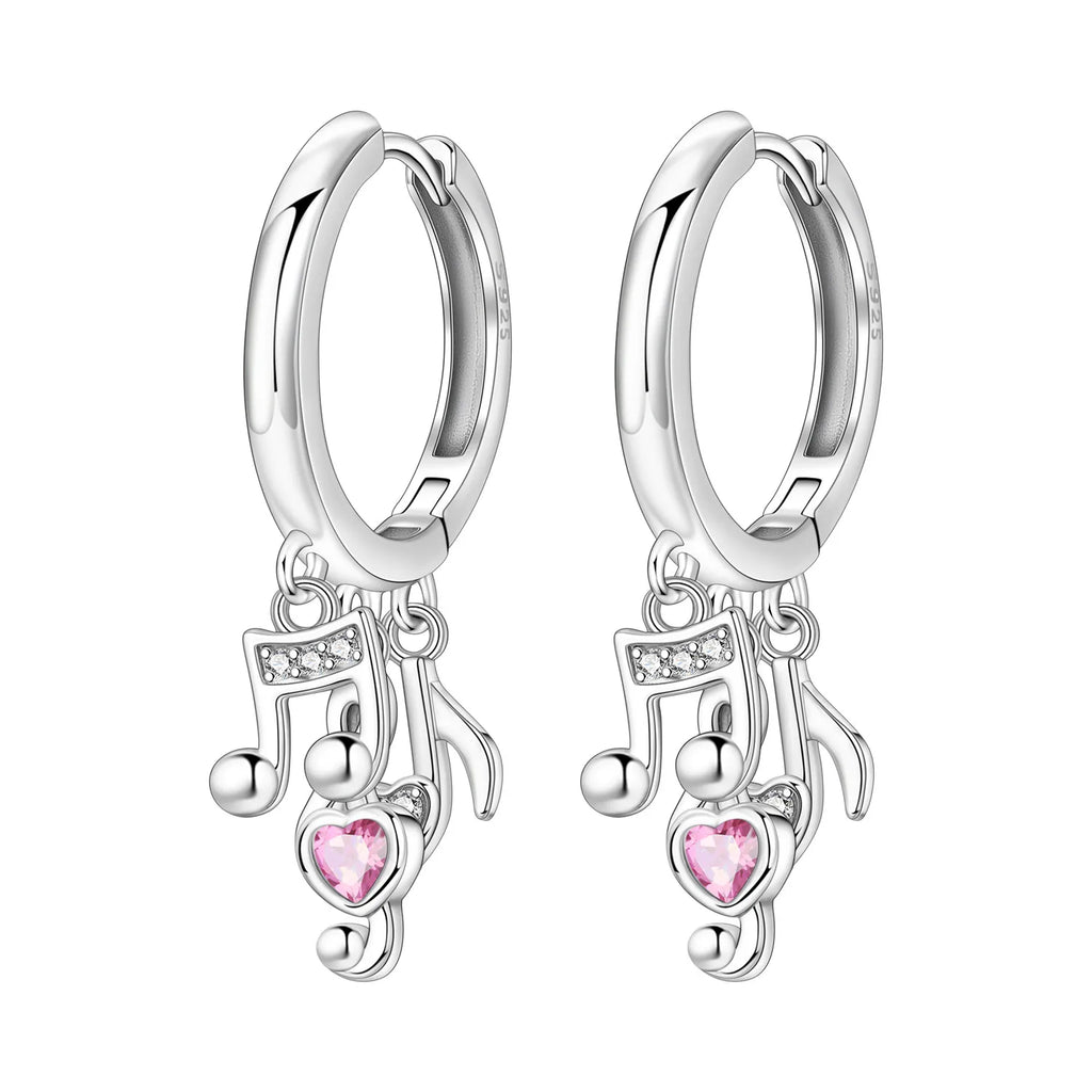 925 Sterling Silver Pink Heart Musical Note Drop Earrings Fashion Jewellery