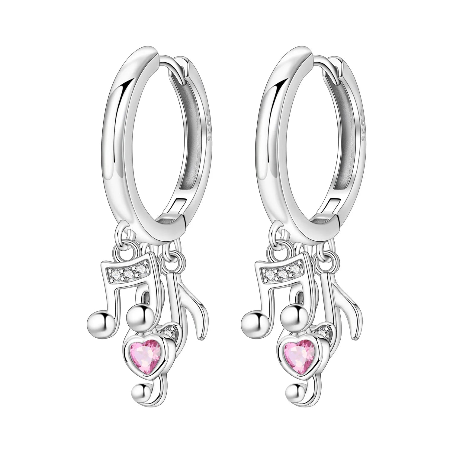 925 Sterling Silver Pink Heart Musical Note Drop Earrings Fashion Jewellery